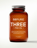 An amber glass bottle of Bepure Three Fish Oil 120 soft gels with a silver metal screw cap, set against a clean white background.