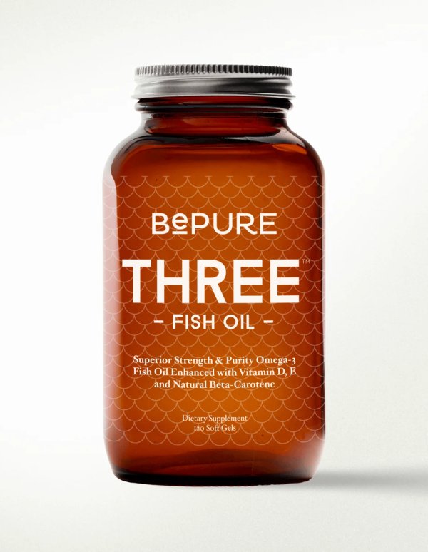 An amber glass bottle of Bepure Three Fish Oil 120 soft gels with a silver metal screw cap, set against a clean white background.