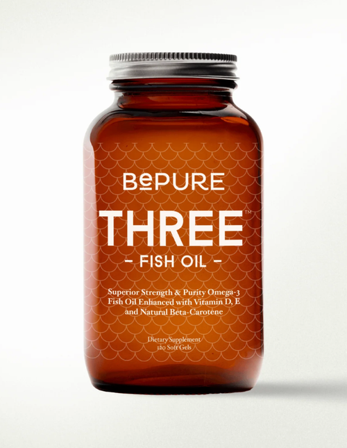 An amber glass bottle of Bepure Three Fish Oil 120 soft gels with a silver metal screw cap, set against a clean white background.