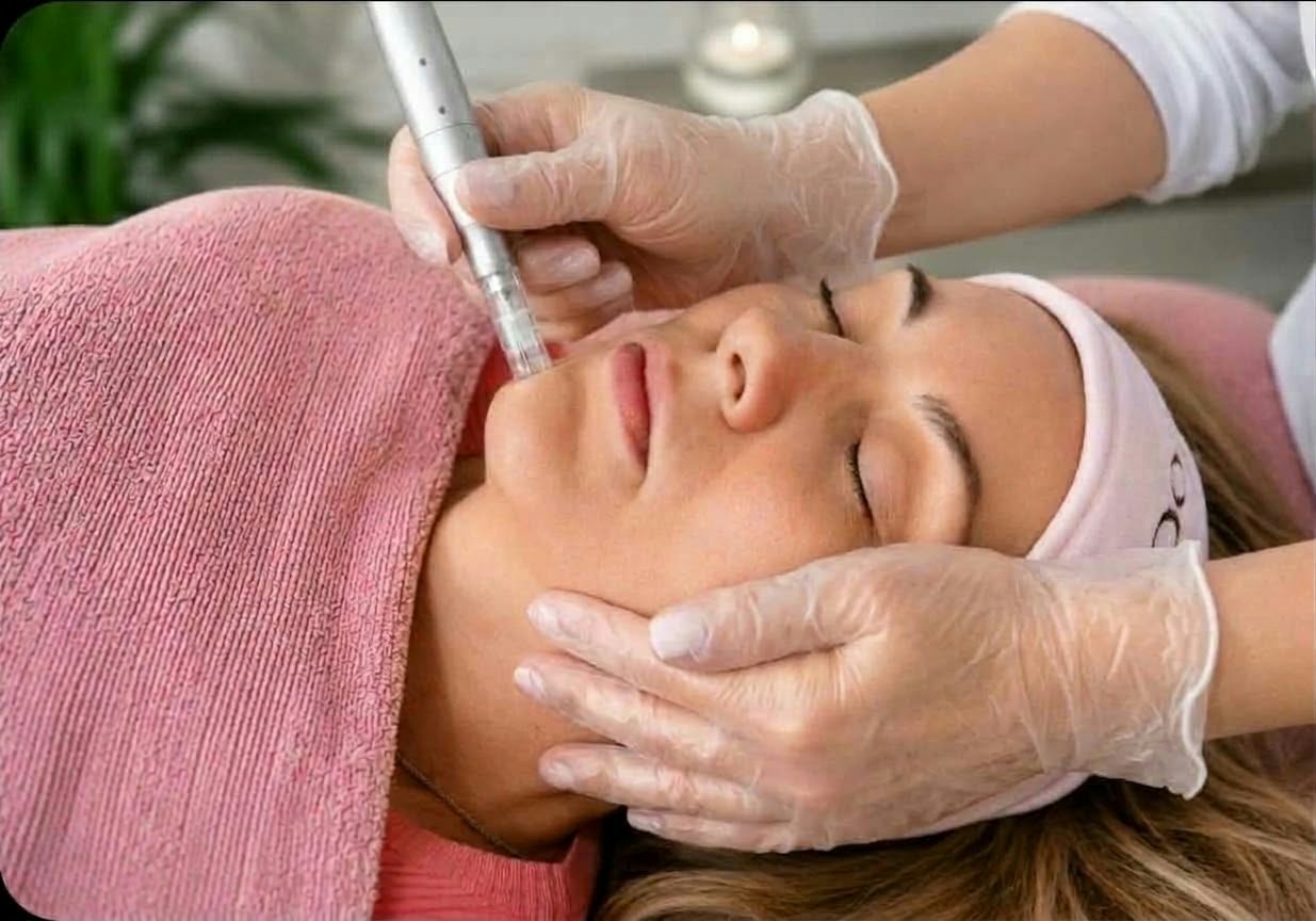 A close-up of a woman receiving a facial treatment at McQuarrie Skin and Beauty, lying down with her eyes closed while a practitioner, Michelle, in clear gloves holds a microneedling device against her cheek. She is covered with a pink towel, and a white headband is visible.